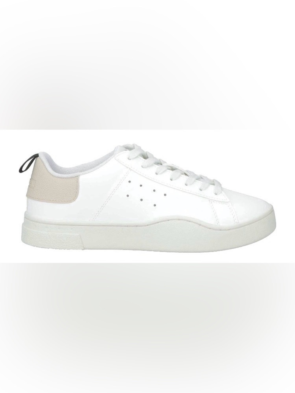 Diesel White Low-Top Leather Sneaker with Beige/Black Heel Tab: Size 7.5